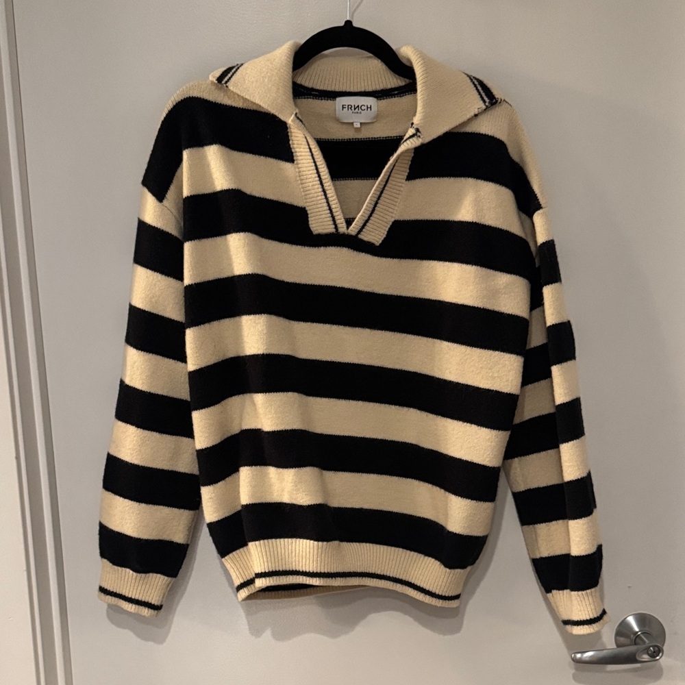 FRNCH V-Neck Sweater with Black and Cream Stripes